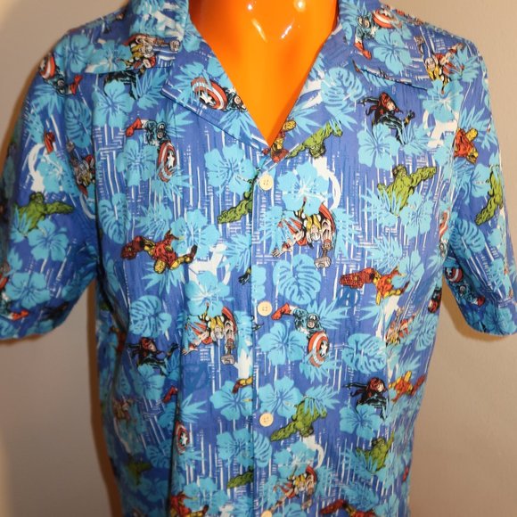 Marvel Shirt Mens Large Blue Floral Button Up Hawaiian Captain America Iron Man - Picture 1 of 7
